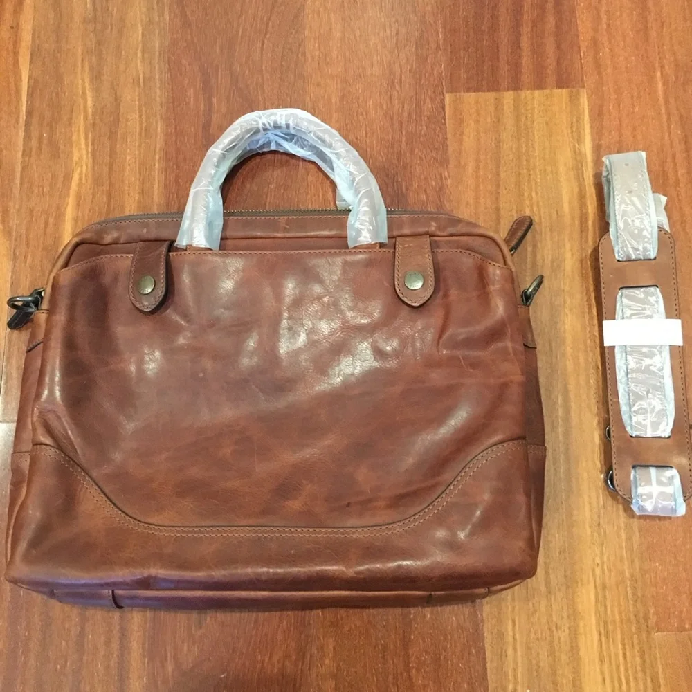 NWOT Frye Logan Slim Leather Briefcase - cognac